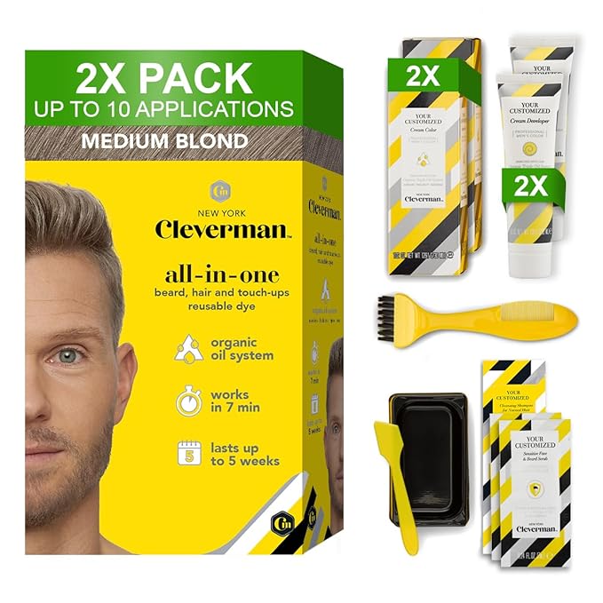 2X Reusable Hair & Beard Dye for Men – Medium Blond | Up to 10 Uses, 7 Minutes | Natural Gray Coverage, No-Drip Cream with SkinArmour® – Cleverman