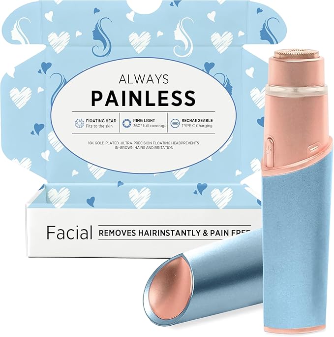 Facial Hair Removal for Women: Electric Hair Removal Device - Rechargeable Painless Face Razor for Chin Upper Lip Peach Fuzz with Light Gifts for Women(Blue Gold)