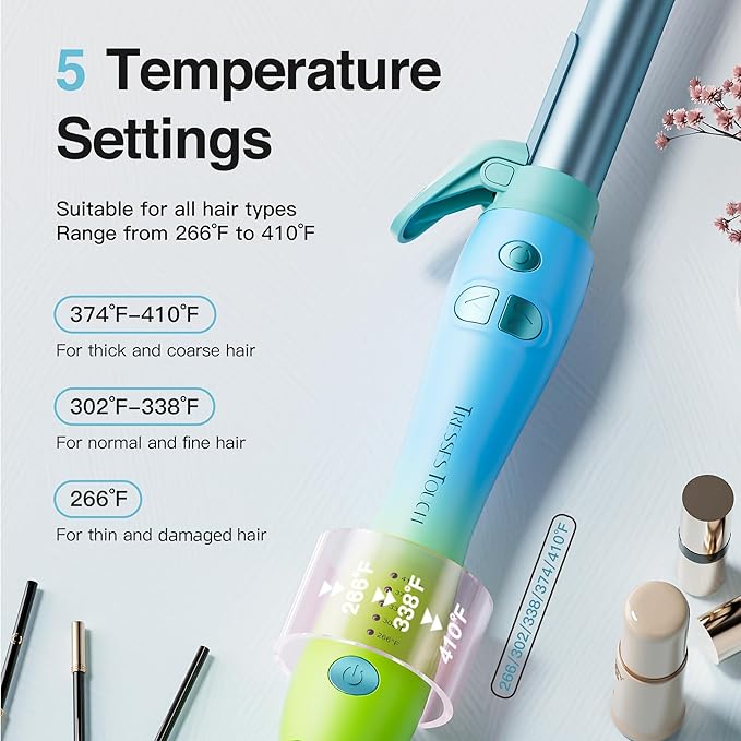 Extra-Long Barrel Rotating Curling Iron with Clamp, Automatic Curling Iron 1 Inch, 30s Fast Heating to 410°F & Home Button for Fast Styling & Lasting Results, Universal Voltage for Travel, Blue Green