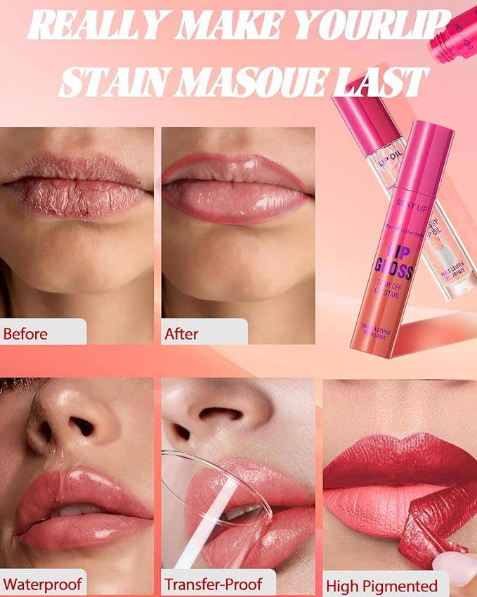 Nude Brown Peel off Lip Stain Oil Set,Matte Long Lasting Waterproof Lip Liner Stain Tattoo Peel off,Nourish Non-Sticky Glossy Clear Lipgloss, Natural High Pigment,Transfer-Proof Lip Combo for Women-03