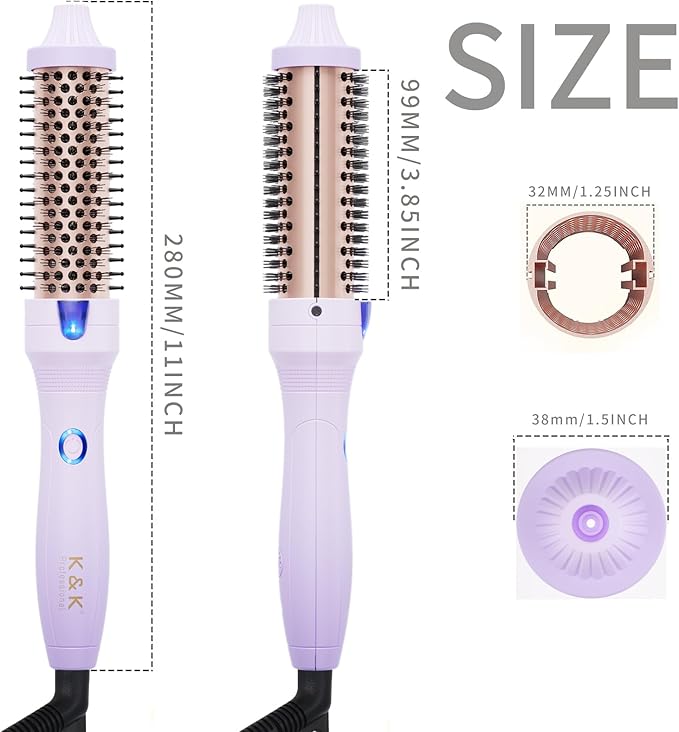 K&K 1.25 Inch Ceramic Tourmaline Ionic Heated Round Brush Curling Brush Creates Blowout Look -Creates Root Volume & Loose Curls Volume Curls Dual Voltage Hair Styling Tool (Purple, 1.25 Inch)