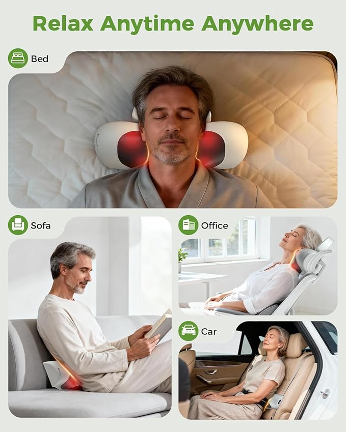 Upgraded 3-in-1 Neck Massager Pillow with Heat, Portable Cordless Neck Massager for Pain Relief Deep Tissue, Rechargeable Pillow Massager for Neck & Shoulder Relaxation at Home/Office/Travel