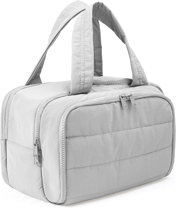 BUZFOWU Travel Toiletry Bag for Women, Large Wide-open Puffy Cosmetic Makeup Bag with Wet-Dry Separation, Multi-Pocket Organizer with Carry Handle for Toiletries, Cosmetics, Essentials, Light Grey