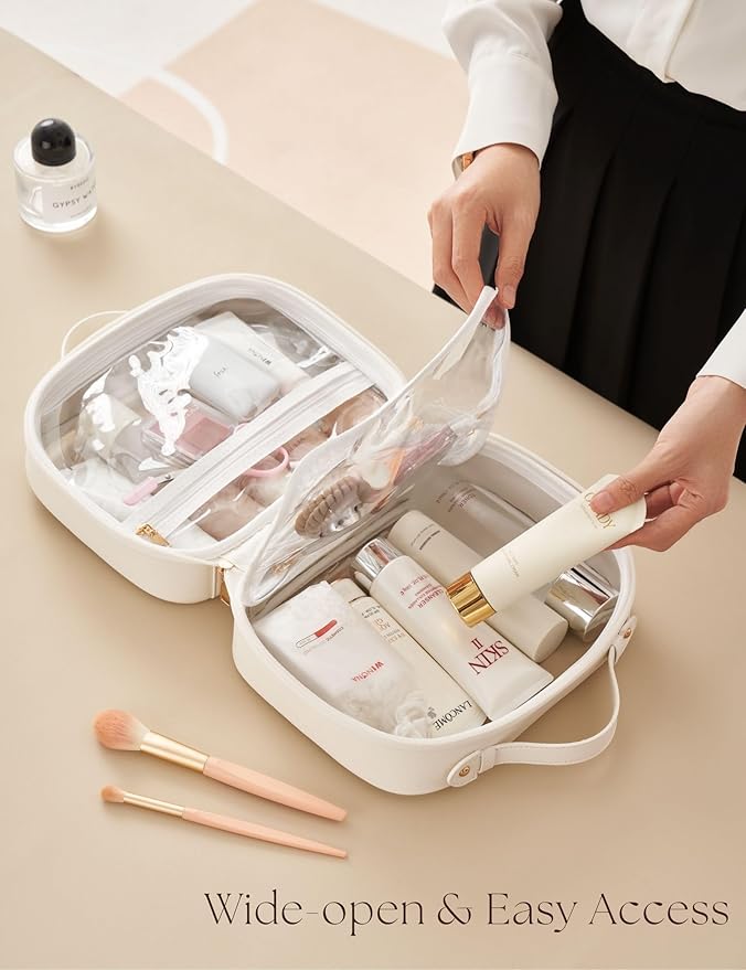 Oaque Clear Cosmetic Bag Double Layer Travel Toiletry Bag Clear Makeup Bag Case with 4 Compartments, Transparent Travel Bag for Toiletries, Large Toiletry Bag for Women Cosmetic Case (White, Large)
