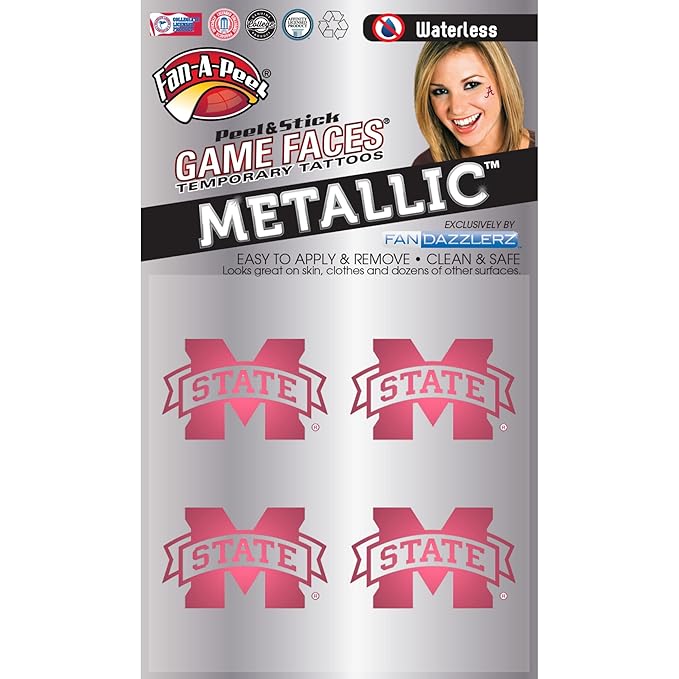 Fan-A-Peel Mississippi State Waterless Peel and Stick Temporary Tattoos, Metallic - Officially Licensed