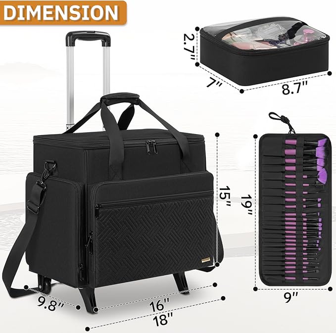 FREEAMG Extra Large Rolling Makeup Case with 4 Removable Pouches, Professional Cosmetic Bag with Wheels, Travel Make up Bag for Makeup Artist Hairstylists Nail with Detachable Trolley
