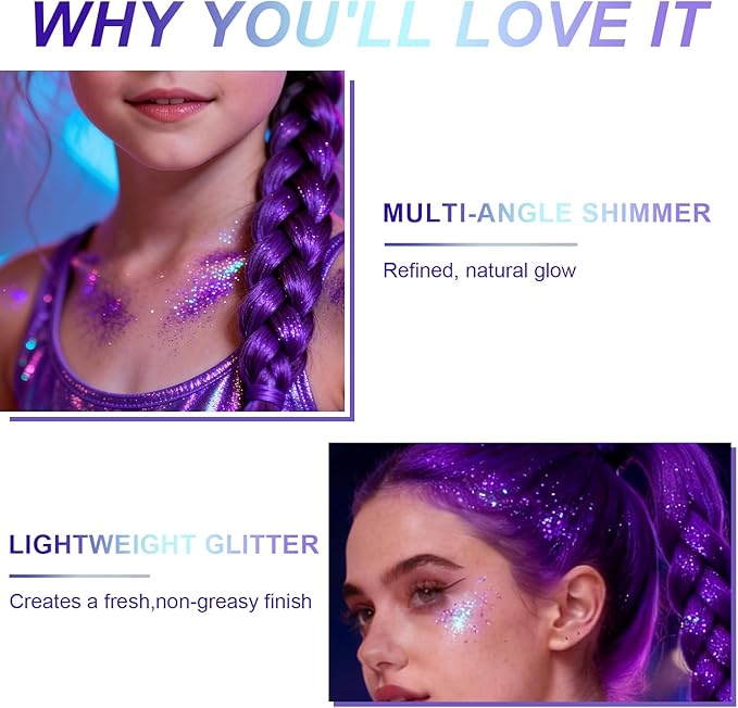 1PC Roll-on Holographic Body Glitter Gel for Body, Hair, Face, Chameleon Color Changing Glitter Gel Under Light, Chunky Mermaid Sequins Festival Party Rave Accessories Shimmer Makeup (Purple)