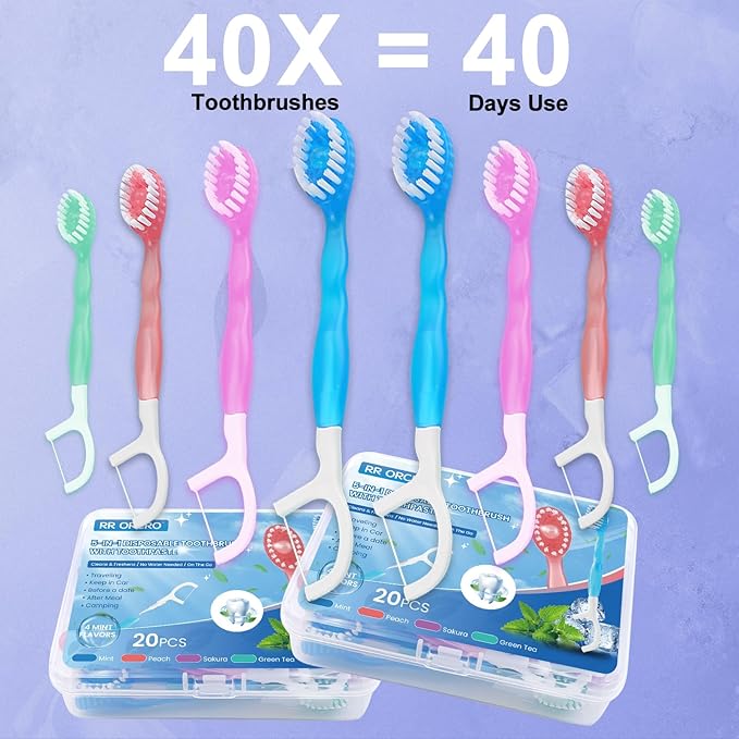 40Pack Mini Disposable Toothbrushes with Toothpaste Tongue Scraper Floss Pick 5-in-1 Single Use Portable Travel Toothbrush Individually Wrapped Box Small Prepasted Travel Toothbrush for Kids Adult