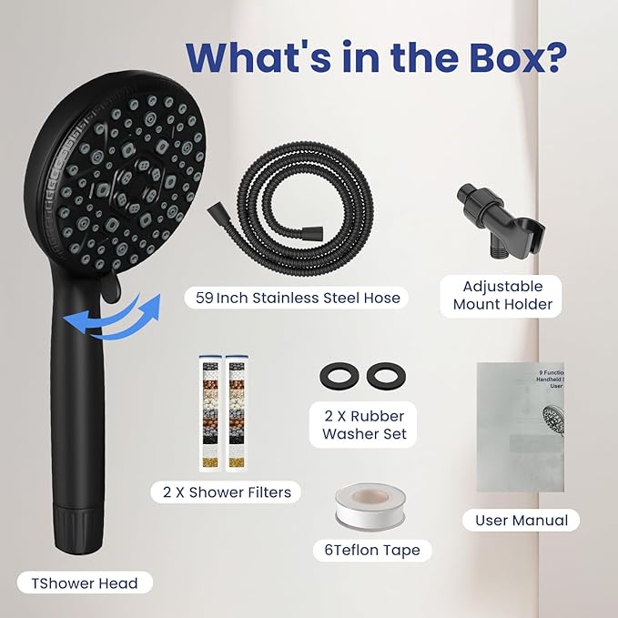 Shower Head with Handheld, Shower Heads High Pressure, Shower Head with Filter-Hand Held Showerhead Set,7 Modes Filtered Showerhead with 59″Replacement Hose/Bracket/Filters (black)