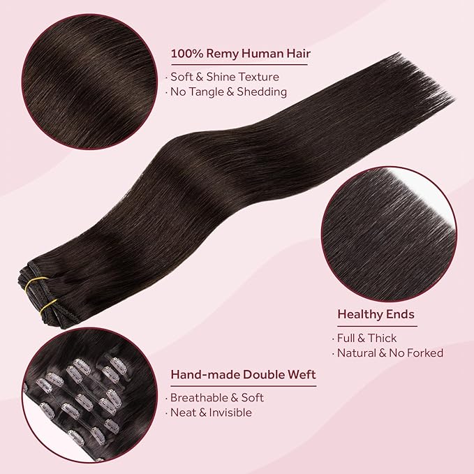 Clip in Hair Extensions Real Human Hair, Remy Human Hair Clip in Extensions for Long Hair, Dark Brown Straight Hair Extensions Add Volum add Length #2 16Inch 120G 7PCS