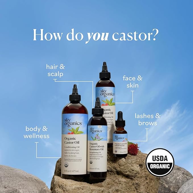 Sky Organics Pure Cold-Pressed Castor Conditioning Oil, Hexane-Free Nourishing Formula for Delicate Eyelash & Brow Serum, 1 fl oz / 30 ml.