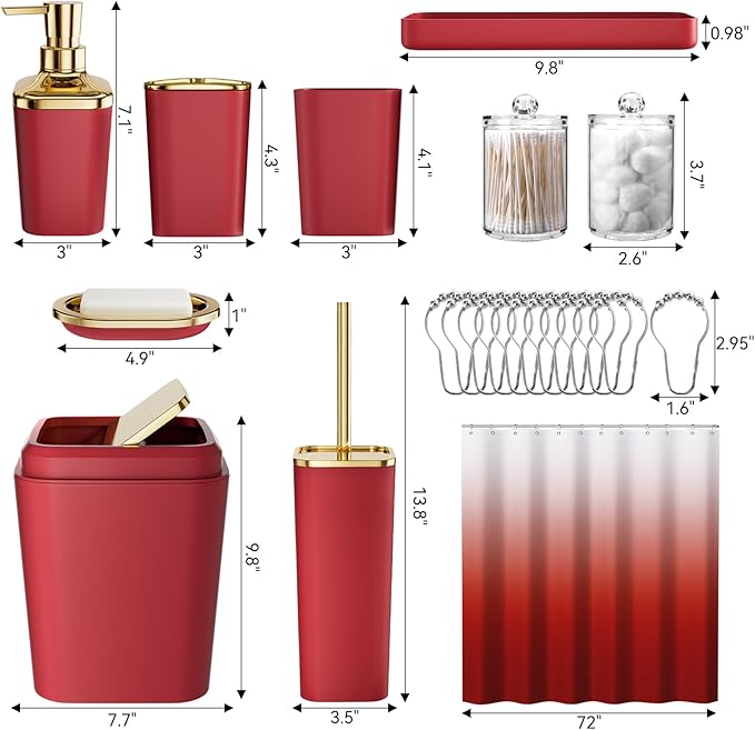 XLHOMO Bathroom Set – Burgundy Bathroom Accessories with Ombre Shower Curtain, Bathroom Accessories Set with Trash Can Soap Dispenser Soap Dish for Home