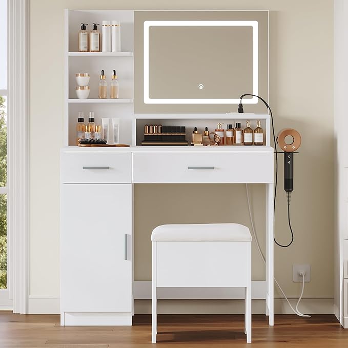 Vanity Desk with LED Mirror and Lights, Makeup Vanity Set with Chair, Power Outlet, Drawers, Cabinet, Dressing Table with Open Storage Shelves and for Bedroom, Dressing Room, White