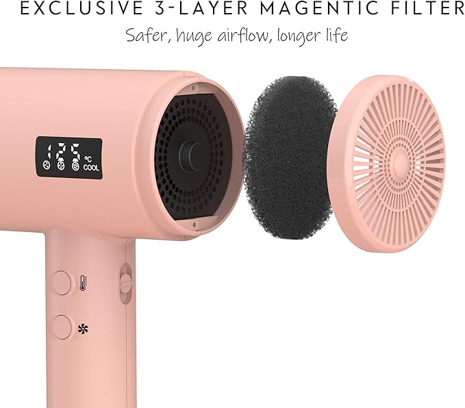 AINA Pro Salon Hair Dryer(New tech),2000W Blow Dryer with Diffuser Comb for Women | BLDC Hair Dryer | Brushless Motor 150,000 RPM | Ionic | LED Display | 4 Magnetic Attachments 110V/ALCI(Baby Pink)