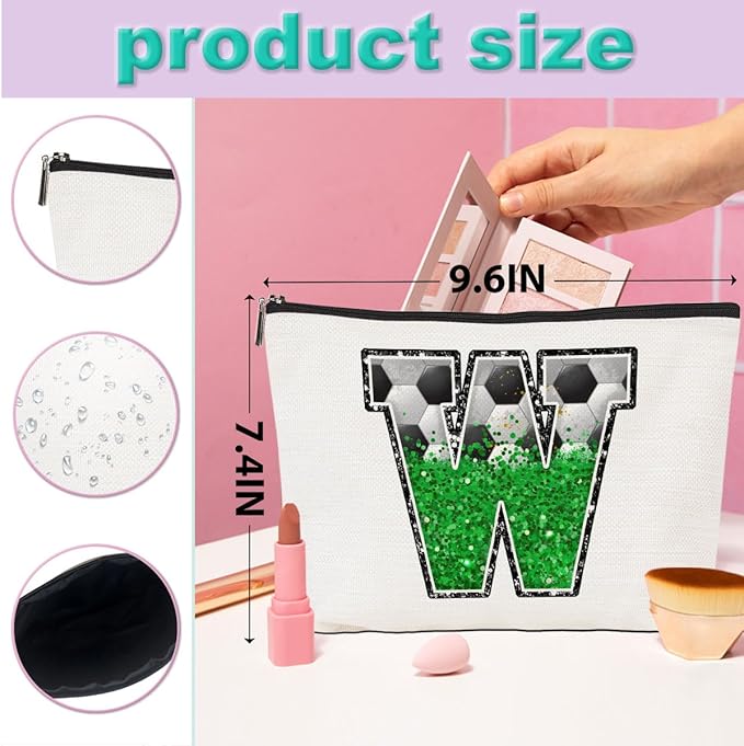 CQM Soccer Gifts Initial Makeup Bag Monogrammed Cosmetic Bag Letter W Zipper Pouch Soccer Accessories for Girls Women Player Coaches Friend Stuff Graduation Birthday Gifts