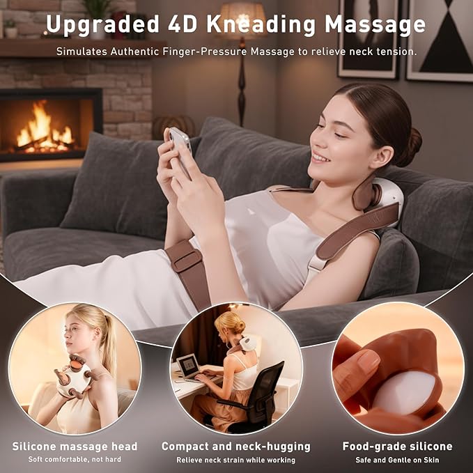 4D Wireless Neck Shoulder Massager, Bionic Hands Deep Tissue Massage, Portable Electric Kneading Shiatsu Back Massager, 3 Relax Massage Modes, for Body Daily Relief, Gifts for Men Women