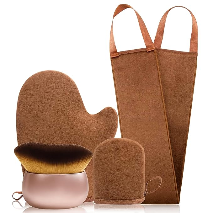 Premium Self-Tanning Kit – 4-Piece Professional Tan Applicator Set with 2 Mitts, Back Strap & Kabuki Brush | Streak-Free Fake Tan Mitt for Body & Face | Vegan Leather, Waterproof