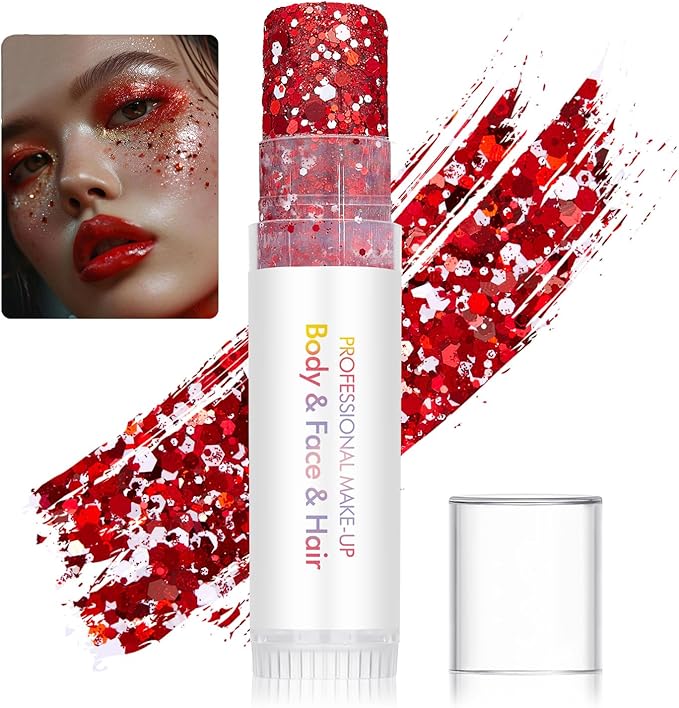 Body Glitter Stick for Face, Body & Hair - Red & Pink Chunky Sparkle Glitter, 2 Pack | Long Lasting Party Makeup for Festival, Rave, Concert & Cosplay