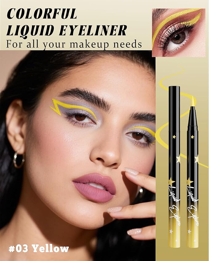 Colored Liquid Eyeliner Pen, Yellow Waterproof Waterline Matte Eye Liner Pencil, High Pigmented Long Lasting Quick Drying Colorful Eyeliner Pencils for Women, Valentine’s Day Eye Makeup Gifts-03