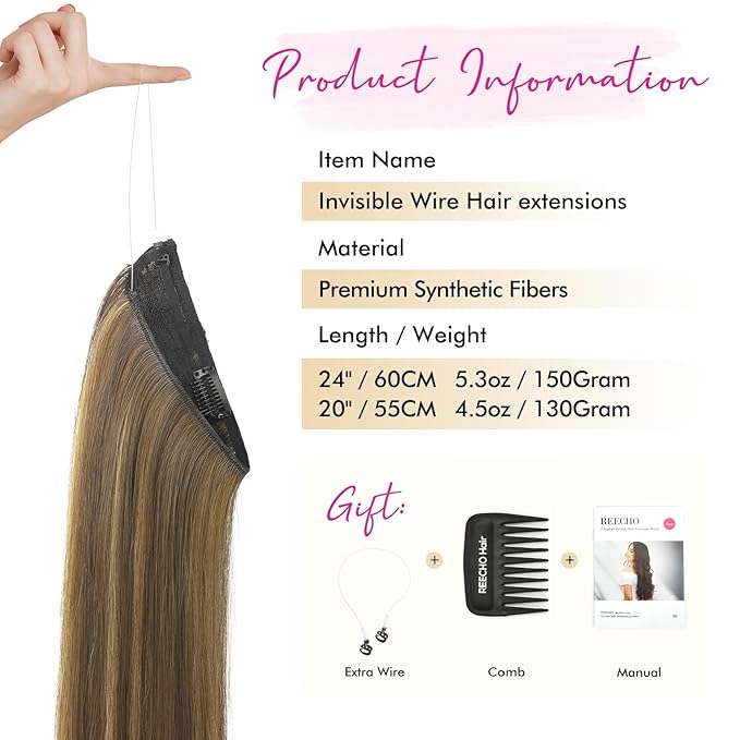 REECHO Invisible Wire Hair Extensions with Transparent Headband Adjustable Size Removable Secure Clips in Straight Secret Hairpiece for Women (24 Inch (Pack of 1), Chocolate Brown with Highlights)