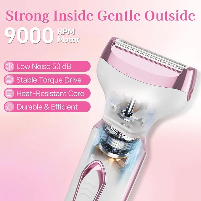Women's Electric Shaver 4-in-1 - Waterproof Painless Hair Remover for Bikini, Face & Body, Cordless Wet/Dry Trimmer with Nose & Eyebrow Heads, Fast USB-C Charging, Gift for Women