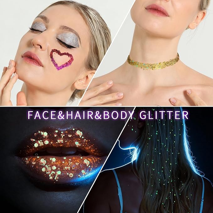 FANDAMEI 40 Colors Face Glitter, 18 Colors Glow in The Dark Glitter&22 Colors Vibrant in Daylight, Body Glitter Hair Glitter Face Glitter for Kids Women for Halloween Rave Festival Party Makeup