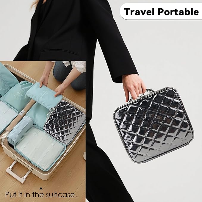 SLUMAZI Travel Makeup Bag Makeup Cosmetic Train Case Organizer Portable Storage Bag with Adjustable Dividers for Cosmetics Makeup Brushes Toiletry Jewelry Black Laser Grid Pattern
