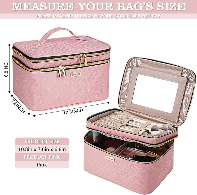 BAFAMYE 8.8L Double Layer Travel Makeup Bag With Mirror For Women, Large Cosmetic Case, Organizer for Travel-Size Accessories Bottles, Brushes,and Skin Care Products, 2.33 GAL, Pink