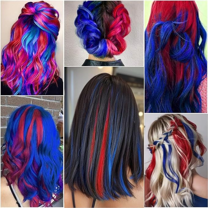 Colored Hair Extensions 10 PCS, Colorful Party Highlights Clip in Synthetic Hair Extensions, Red and Blue Hair Accessories Hairpiece for Girl Women Party Favor Cosplay Gift 22 In