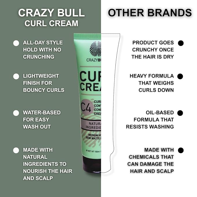 Crazy Bull Hair C4 Curls Styling Cream - Deep Hydration and Frizz Control Hair Cream for All Curl Types - Strengthens with Amino Acids - 5.1 oz