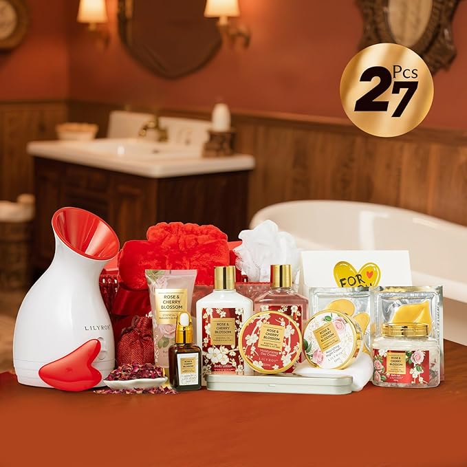 Valentines Day Gifts for Women - 27 Pcs Bath and Body Gifts Basket Set - Rose Spa Gifts Set Skin Care Set for Women, Gift Baskets Set for Mothers Day Mom | Gifts for Birthday, Christmas Gift for Her