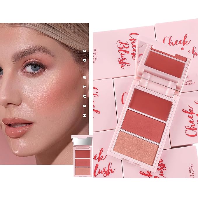 3D Blush Palette, Multi-Use Makeup Powder Pink Blush Palette Makeup Cream Blush For Cheeks, Lightweight, Smooth, Blendable, Contour & Highlight Face for Shimmery Or Matte Finish, #04 Pink