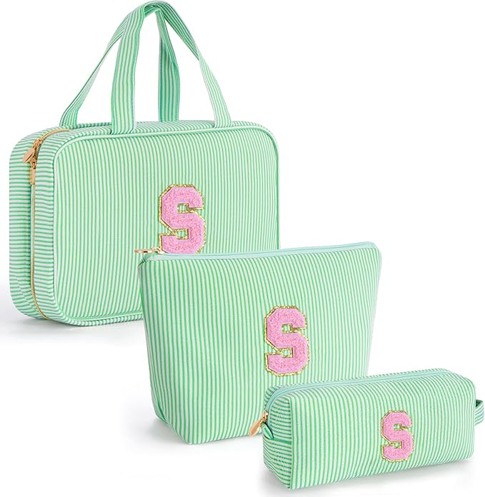 Fystdtote Cute Toiletry Bag Makeup Bag for Women & Girls - Cosmetic Bag | Initial Make Up Bag | Personalized Gift for Women/Her | Bridal Shower & Mother's Day Gift - Green S