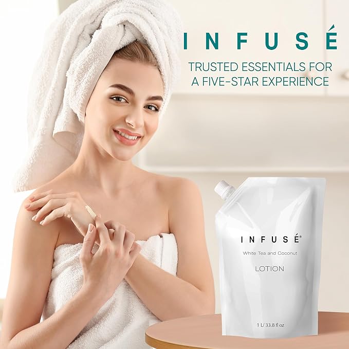 INFUSÉ 1 Liter Lotion Refill Bag For Soap Dispensers | Bulk Toiletries for Vacation Rentals, and Home Bathroom Showers | White Tea and Coconut | Set of 3