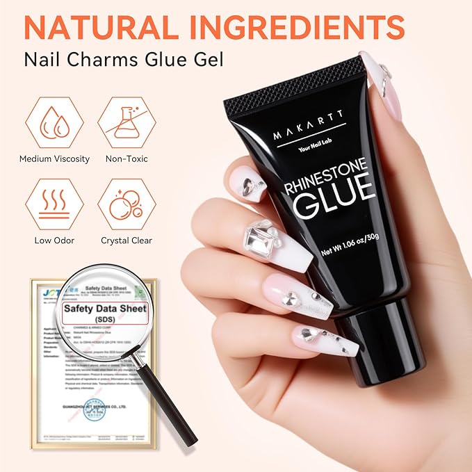Makartt Rhinestone Glue Gel - Ultra Strong Hold UV/LED Cured Nail Glue Adhesive for Charms, Gems, Diamonds, Chrome & Aurora Powder, 3D Gel Nail Art Sculpting, Glitter, Decals, DIY & Salon Easy Use