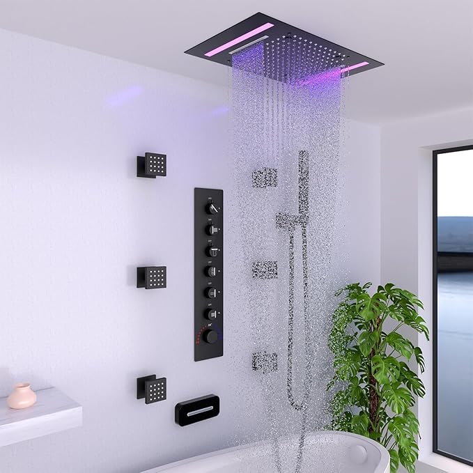 HOMEDEC 14x20" Full Body LED Shower Head, Multi-Function High-Pressure Rainfall Mist Waterfall, 3 Functions Can Be Used Together or Separately, Black