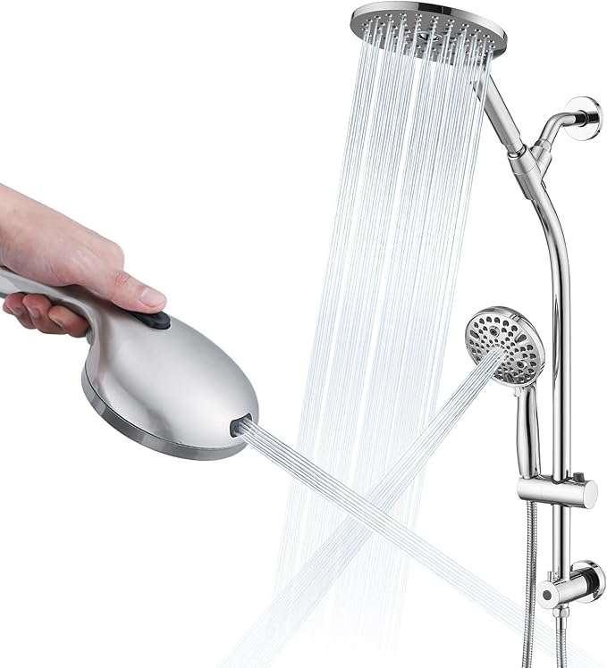 UCLIMAA High Pressure Shower Head with Handheld Shower, 26" Adjustable Height Drill-Free Slide Bar, 3-Way Diverter for Easy Reach, Dual Shower Head Combo Set with 5ft Hose - Chrome