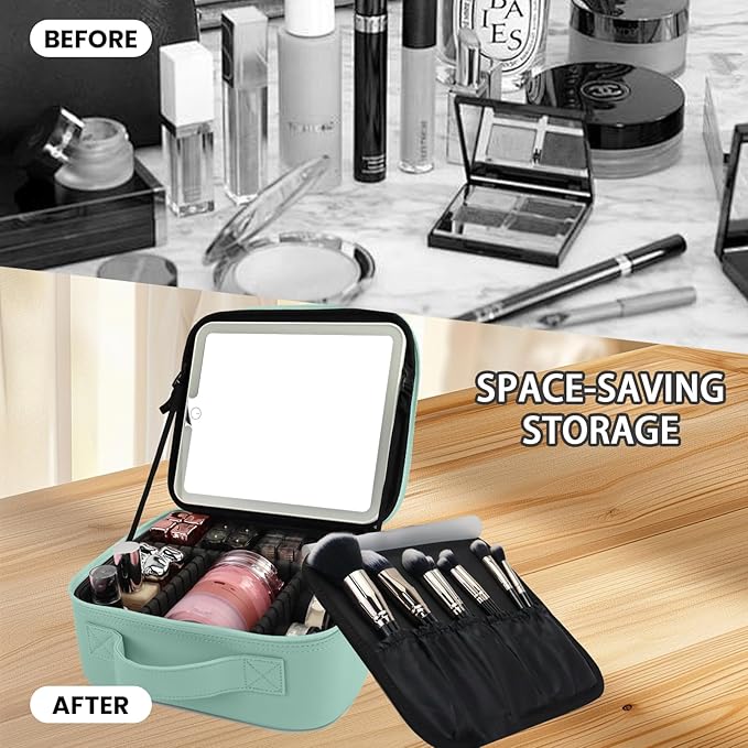 SUILU Travel Makeup Bag with LED Mirror and Light Makeup Travel Bag Organizer Portable Cosmetic Brush Organizer Bag with Adjustable Dividers for Cosmetics Makeup Brushes Toiletry (Light Green)