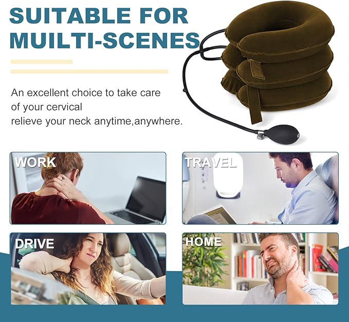 Cervical Neck Traction Device, Neck Stretcher, Neck Traction Device for Neck Pain Relief, Cervical Neck Traction Device, Inflatable Neck Brace & Neck Decompression(Khaki Brown)