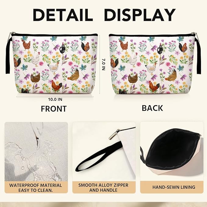 Floral Chicken Makeup Bag, Chickens Stuff Cosmetic Bags for Women Friend Daughter Chicken Lady Mom Gifts Travel Bag for Birthday Graduation
