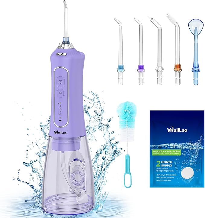 WellLeo Water Flosser for Teeth, 300ML Cordless Oral Irrigator Rechargeable Dental Flosser Picks with 5 Modes 5 Jet Tips,IPX7 Waterproof Teeth Cleaner for Braces Gum Care, Home Travel Use