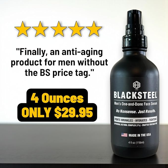 BLACKSTEEL Men's Anti-Aging Face Serum with Retinol & Hyaluronic Acid | One-Step Daily Wrinkle, Hydration & Firming Solution | Fast-Absorbing, Non-Greasy Skincare Made in USA | 4 oz Single Bottle