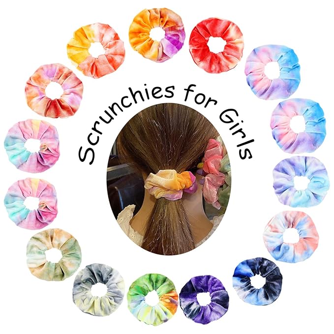 ZOCONE Tie Dye Scrunchies, 15 PCS Velvet Scrunchies for Hair in Gradient Color, Soft Rainbow Scrunchy Ponytail Holder, Hair Accessories Elastic Hair Bands for Women Girls, Tie Dye Party Favors