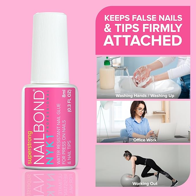 Super Strong Nail Glue for Press On Nails, Nail Tips & Acrylic Fake Nails (8ml) NYK1 NailBond Brush On Glue for Press Ons, Tips & Acrylics - Long Lasting, Maximum Strength, Mess-Free Application