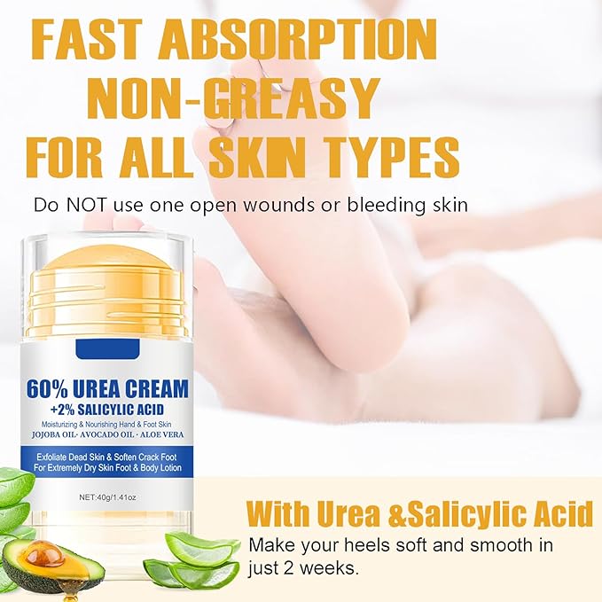 2pcs Urea Cream Stick 60% plus Salicylic Acid 2%, Maximum Strength Urea Foot Cream for Dry Cracked Heels, Feet Callus Remover, Hands Knees Exfoliating Dead Skin, Softening Skin Moisturizer Lotion