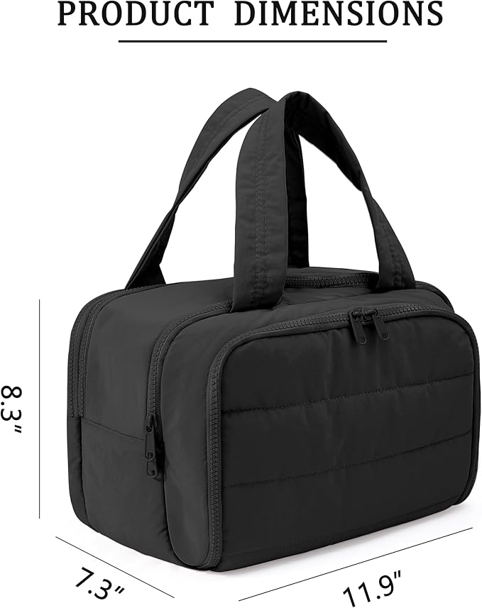 BUZFOWU Travel Toiletry Bag for Women, Large Wide-open Puffy Cosmetic Makeup Bag with Wet-Dry Separation, Multi-Pocket Organizer with Carry Handle for Toiletries, Cosmetics, Essentials, Black