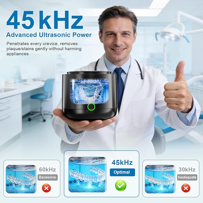 Ultrasonic Retainer Cleaner, 45kHz Retainer Cleaner Machine 4000mAh for Denture, Night Guard, Mouth Guard, Aligner, Brace 24W Dental Cleaning Pod with 4 UV Lights, 200ml Multiple Cleaning Modes