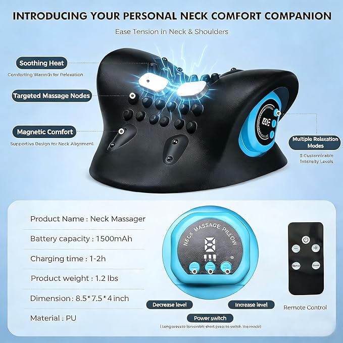 Z6 2026 3-in-1 Neck Shoulder Massager with Heat & Pulse, Deep Tissue Kneading Pillow, Remote Control, Portable Travel Neck Relaxer for Pain Relief in Office/Car/Home Use