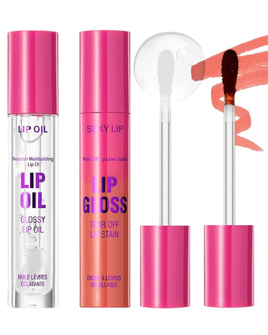 Coral Pink Peel off Lip Stain Oil Set,Matte Long Lasting Waterproof Lip Liner Stain Tattoo Peel off,Nourish Non Sticky Glossy Clear Lipgloss,Natural High Pigmented,Transferproof Lip Combo for Women-02
