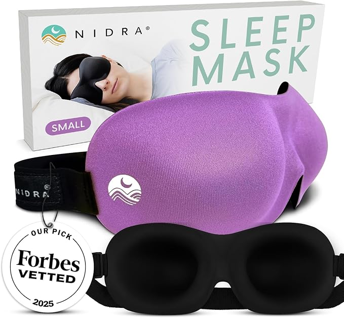 Nidra Contoured Sleep Mask for Side Sleepers – Zero Pressure Fit, Light Blocking Eye Shade for Sleeping & Travel – Purple, Small Size